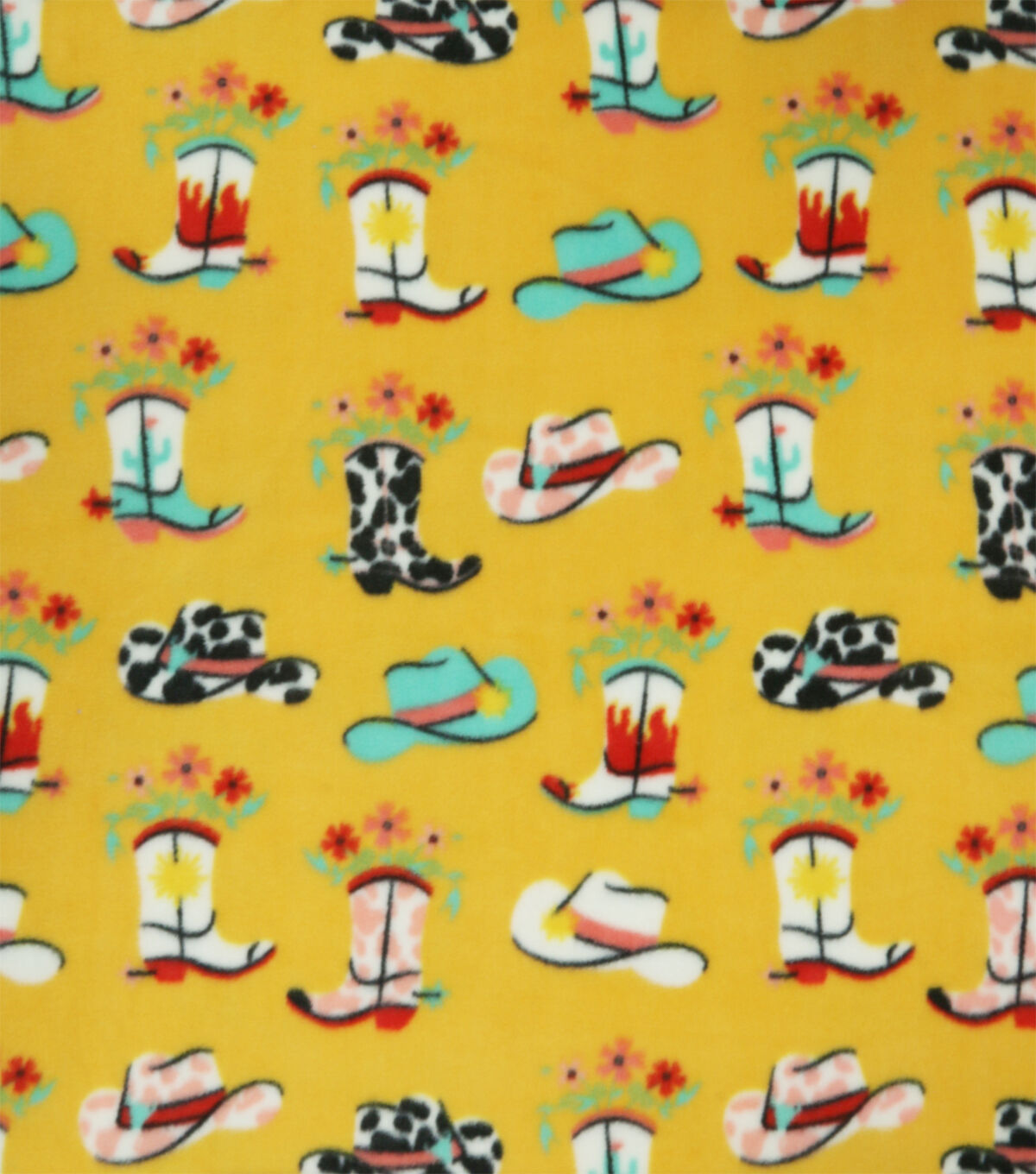 Floral Cowboy Boots on Yellow Anti Pill Fleece Fabric