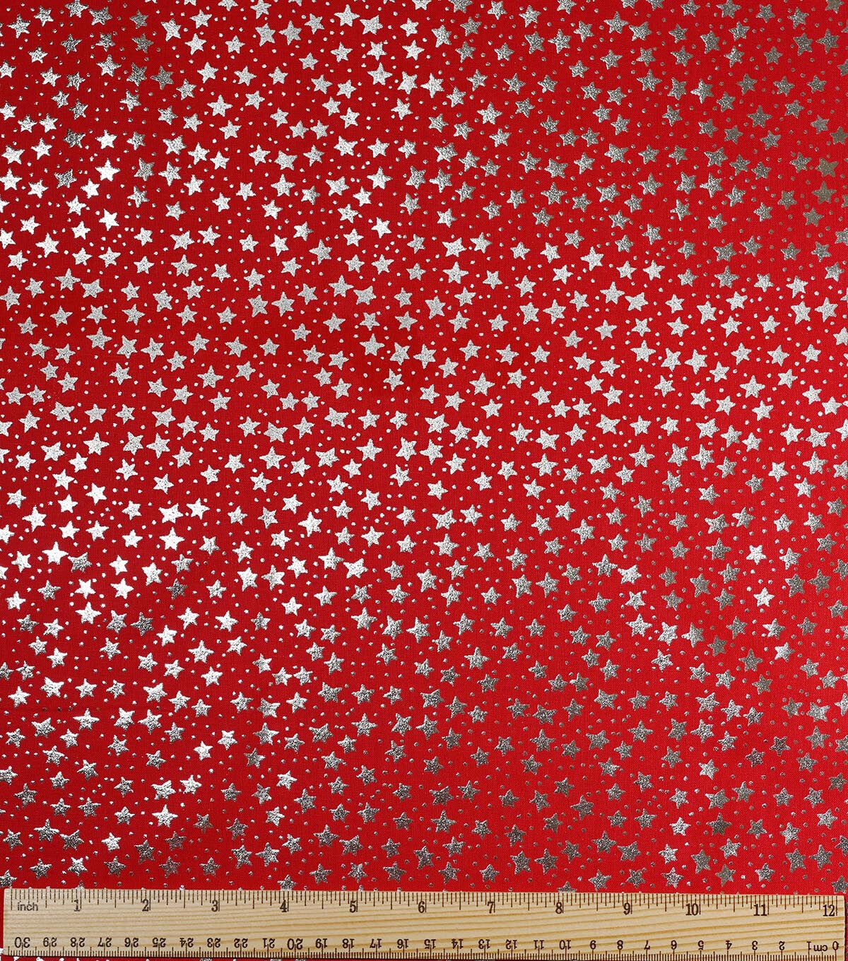 3yd Patriotic White & Red Star Precut Foil Cotton Fabric