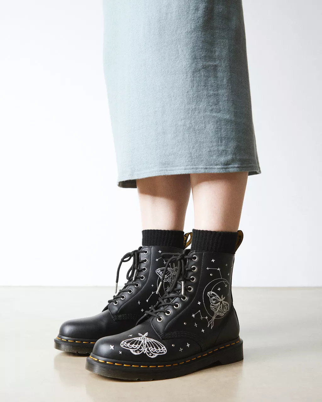 DR MARTENS 1460 CELESTIAL MOTH EMBROIDERED LACE UP BOOTS
