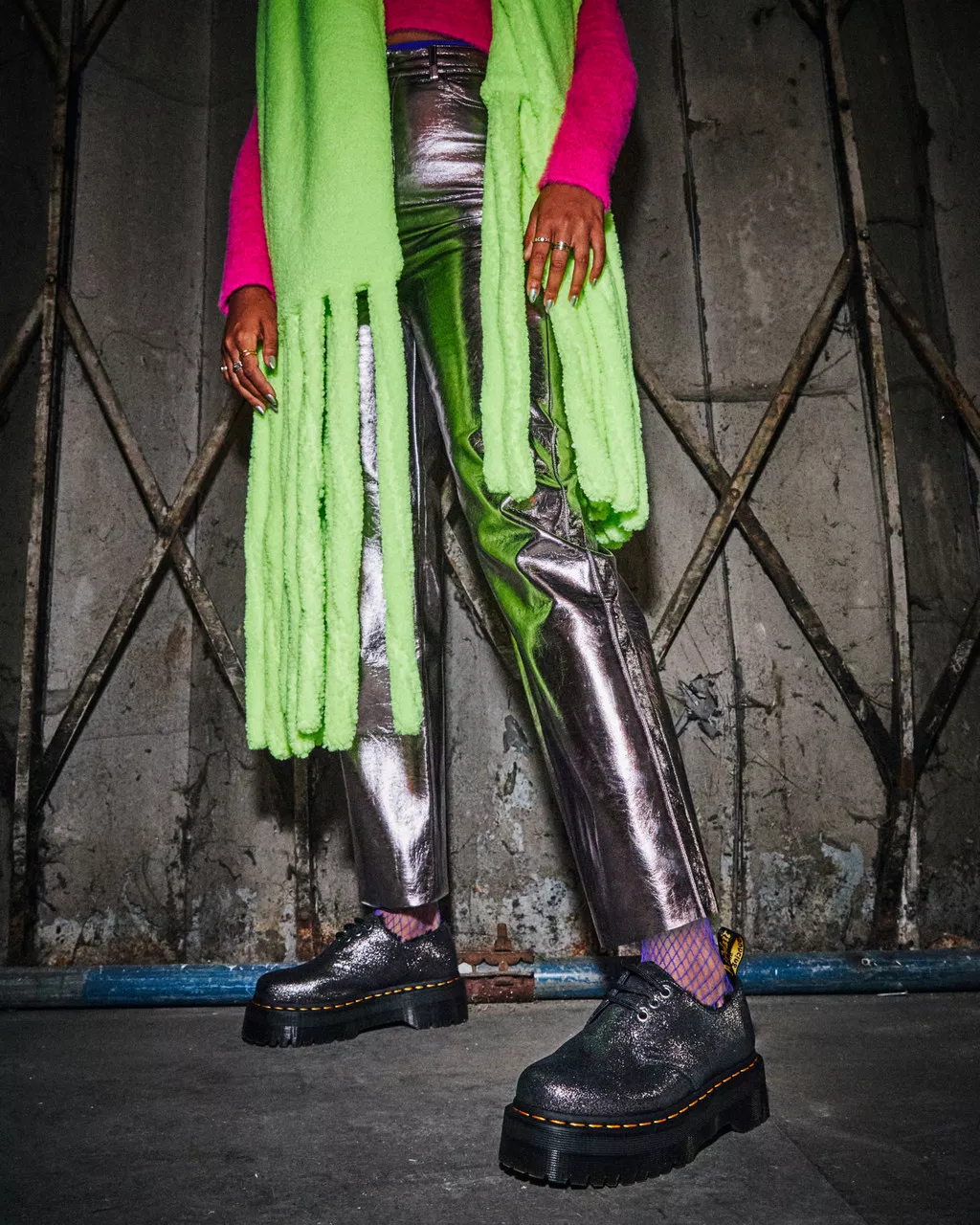 DR MARTENS 1461 Faux Fur-Lined Metallic Leather Platform Shoes