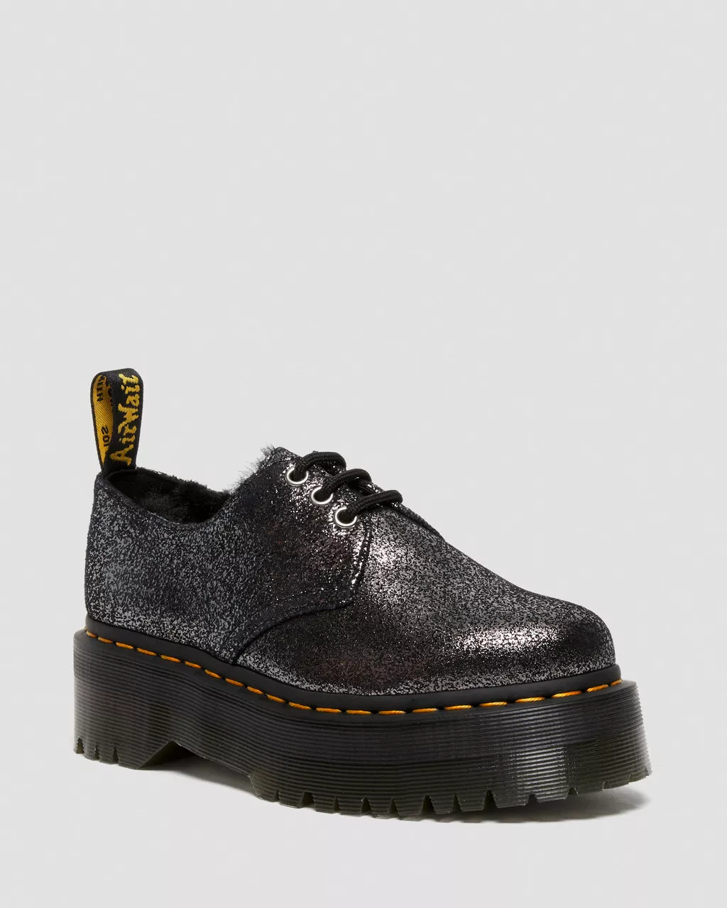 DR MARTENS 1461 Faux Fur-Lined Metallic Leather Platform Shoes
