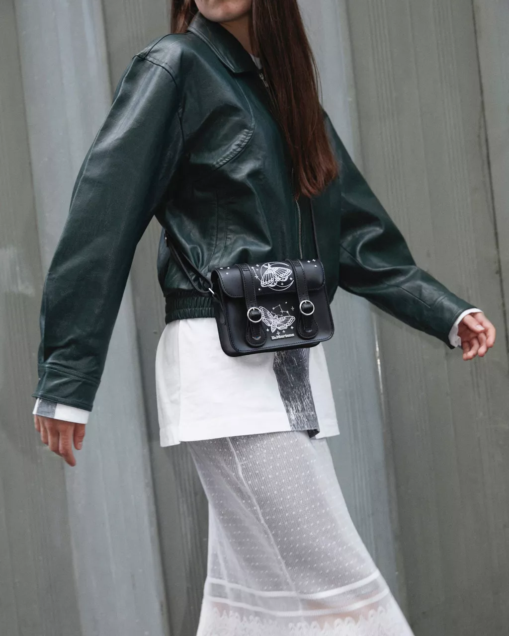 DR MARTENS 7 INCH CELESTIAL MOTH EMBROIDERED LEATHER CROSSBODY BAG