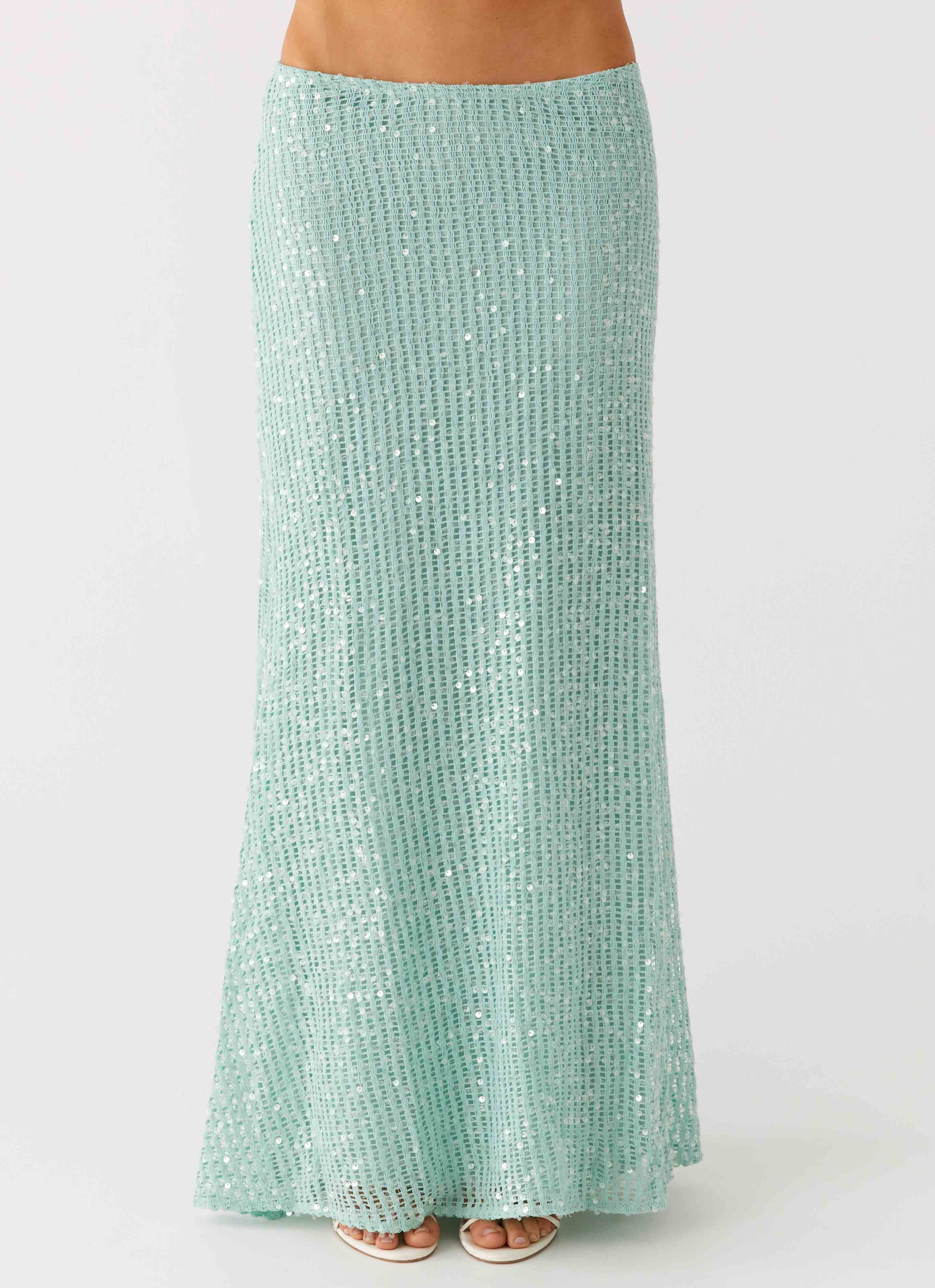 Amoura Sequin Low Rise Maxi Skirt - Mint Sage