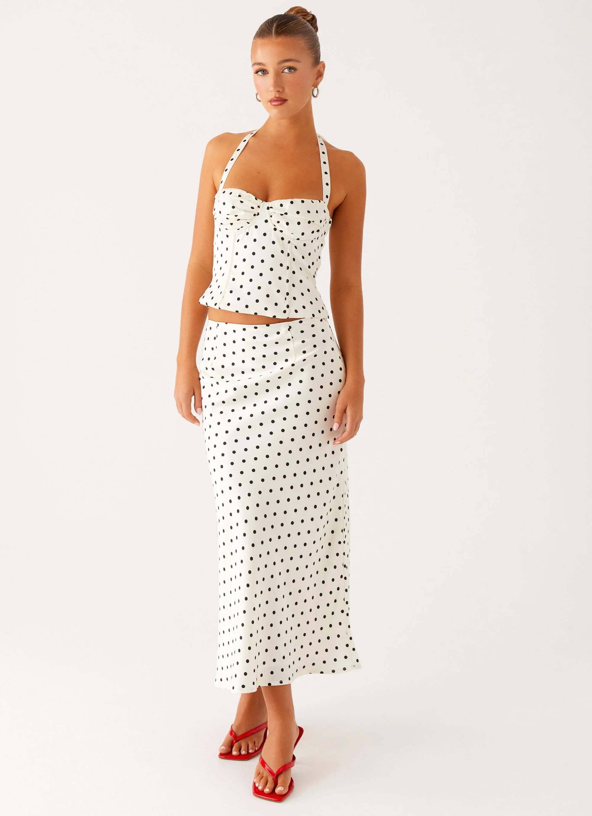 Breanne Midi Skirt - White Polka Dot