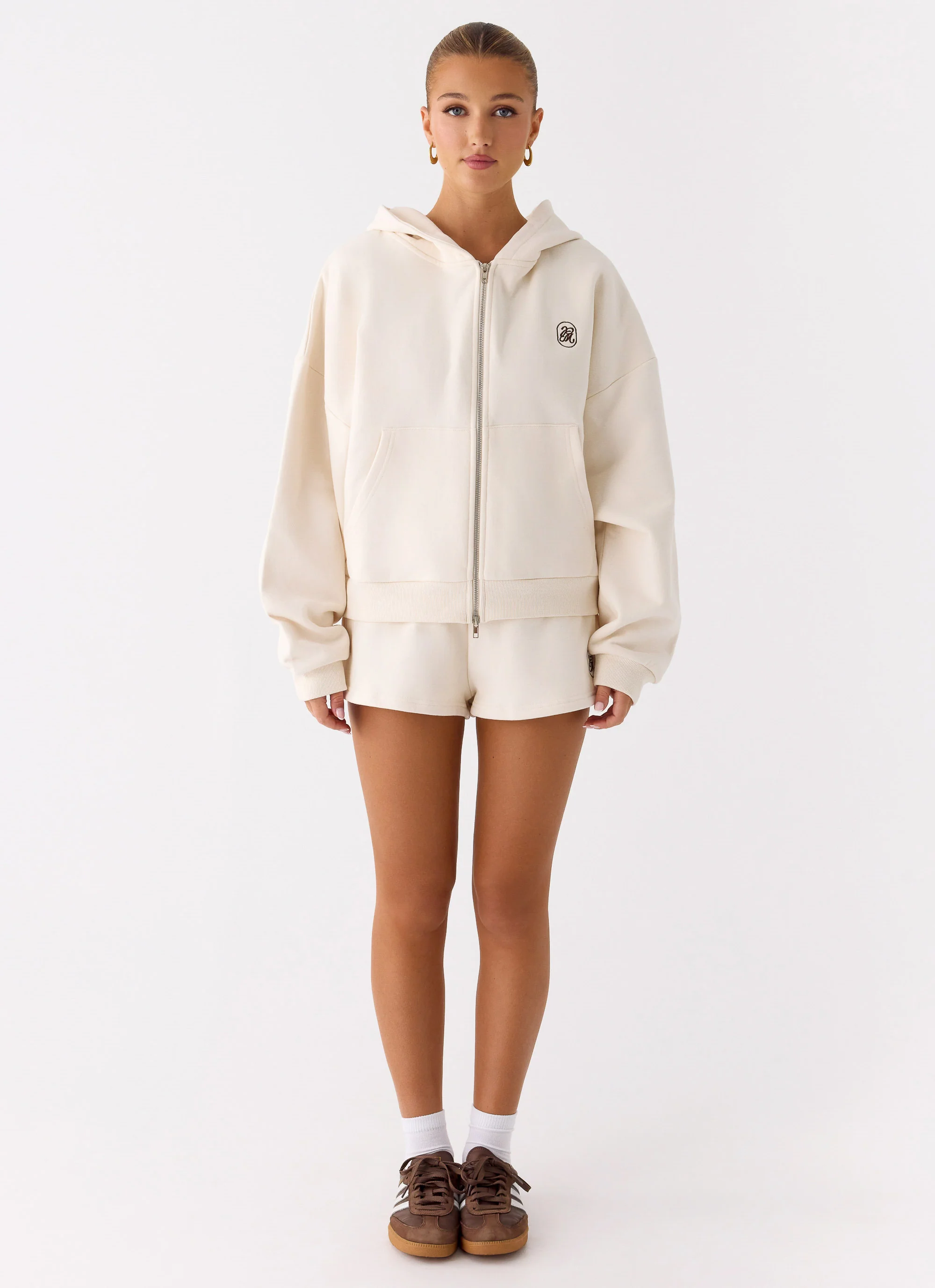Signature Double Zip Up Hoodie - Cream