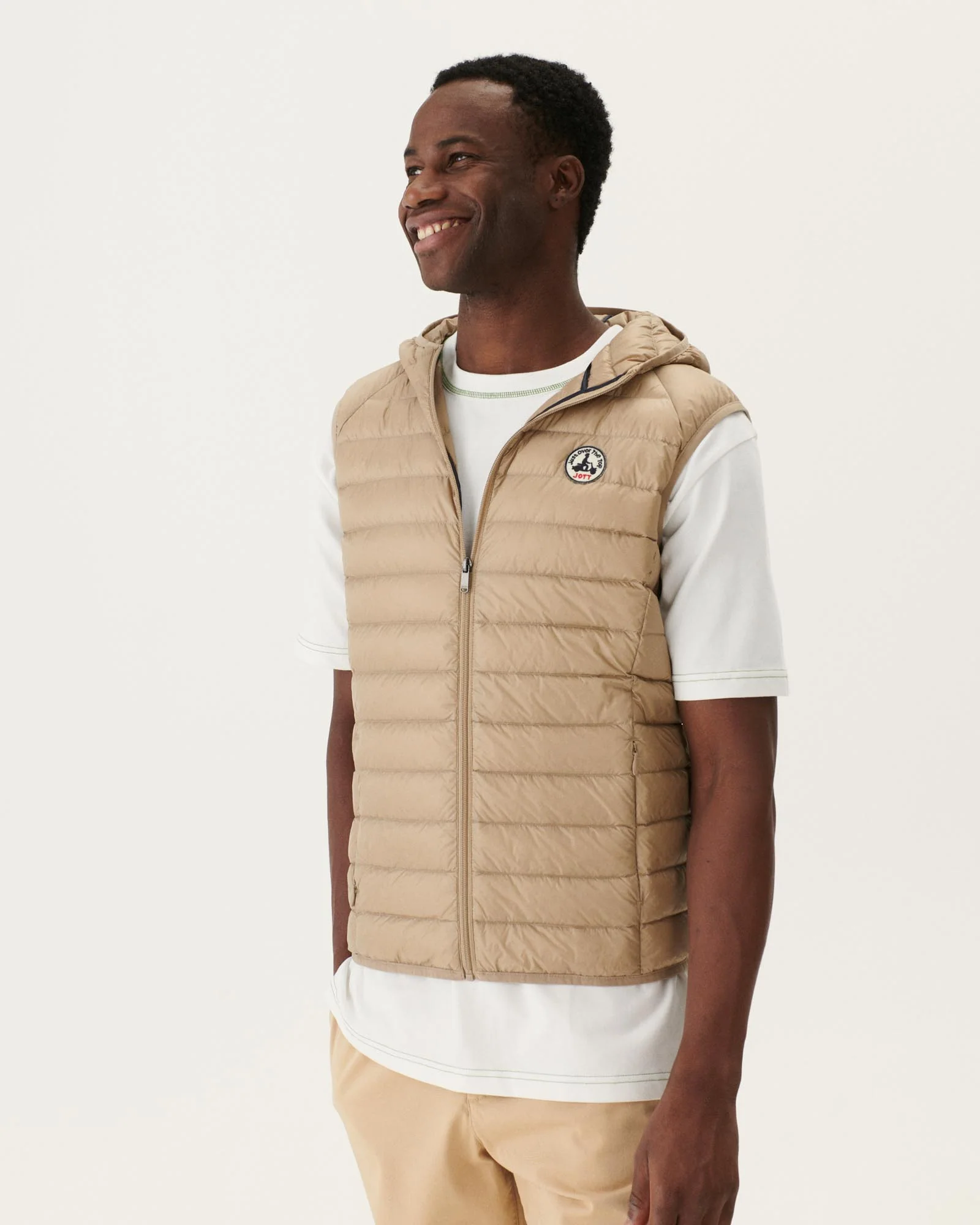Beige Pat hooded Sleeveless down jacket