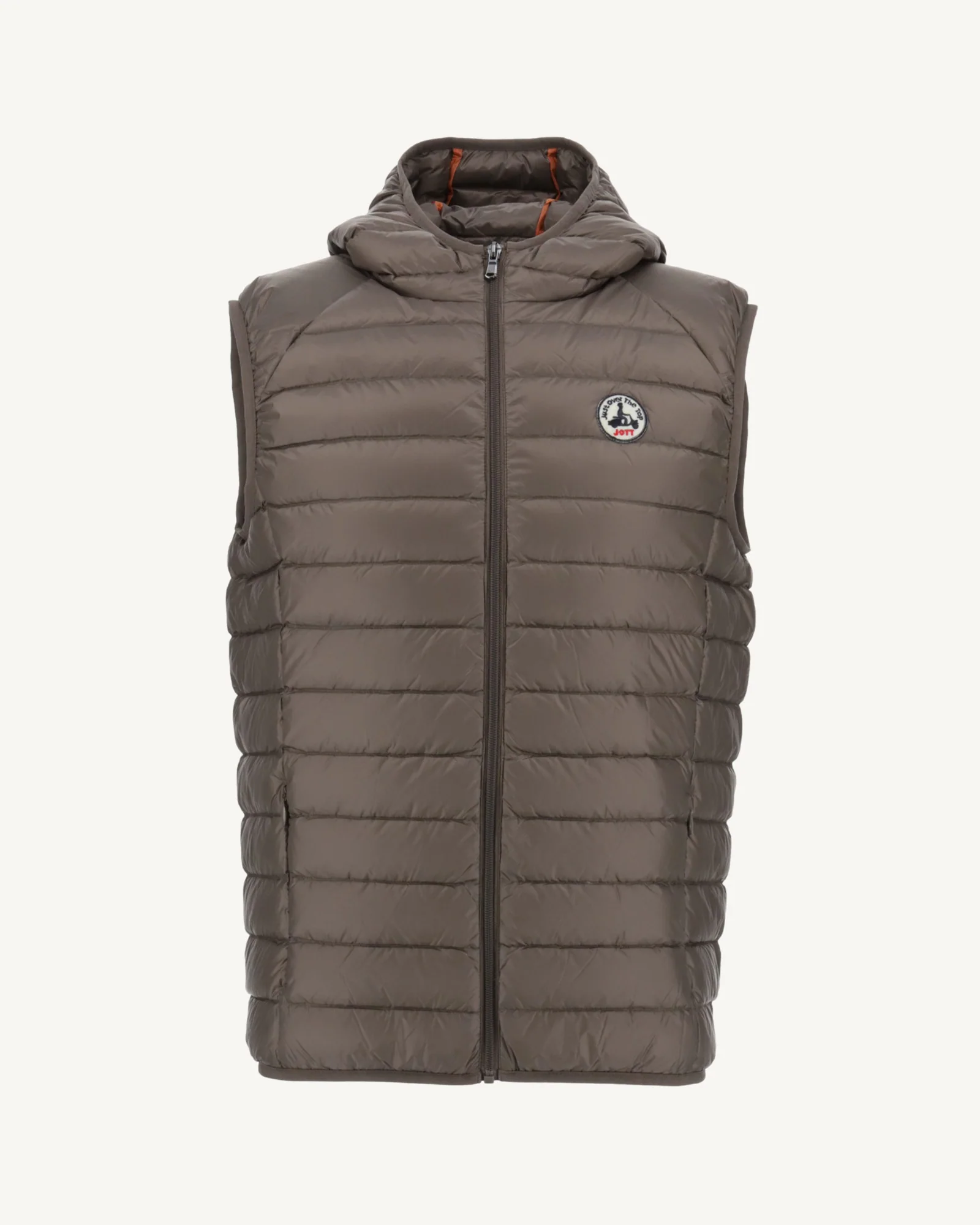 Taupe Pat hooded sleeveless padded jacket
