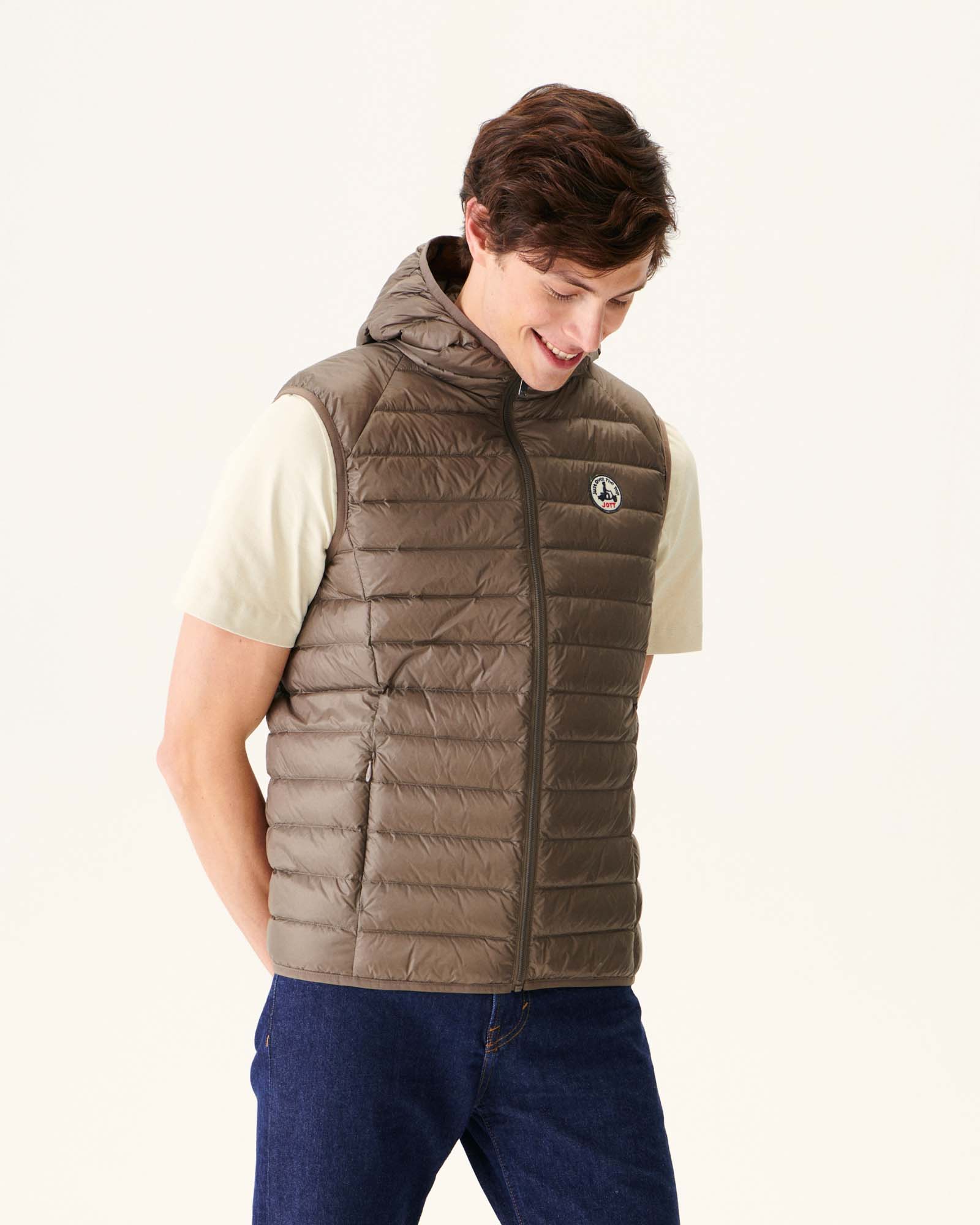 Taupe Pat hooded sleeveless padded jacket