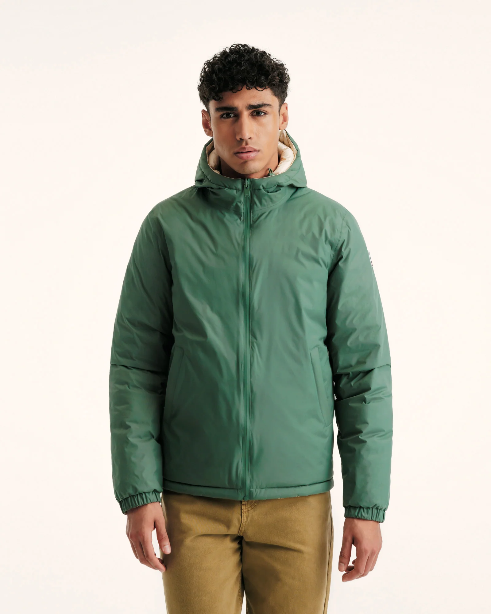 Down jacket reversible hooded Celadon green/Argile Bergen 2.0