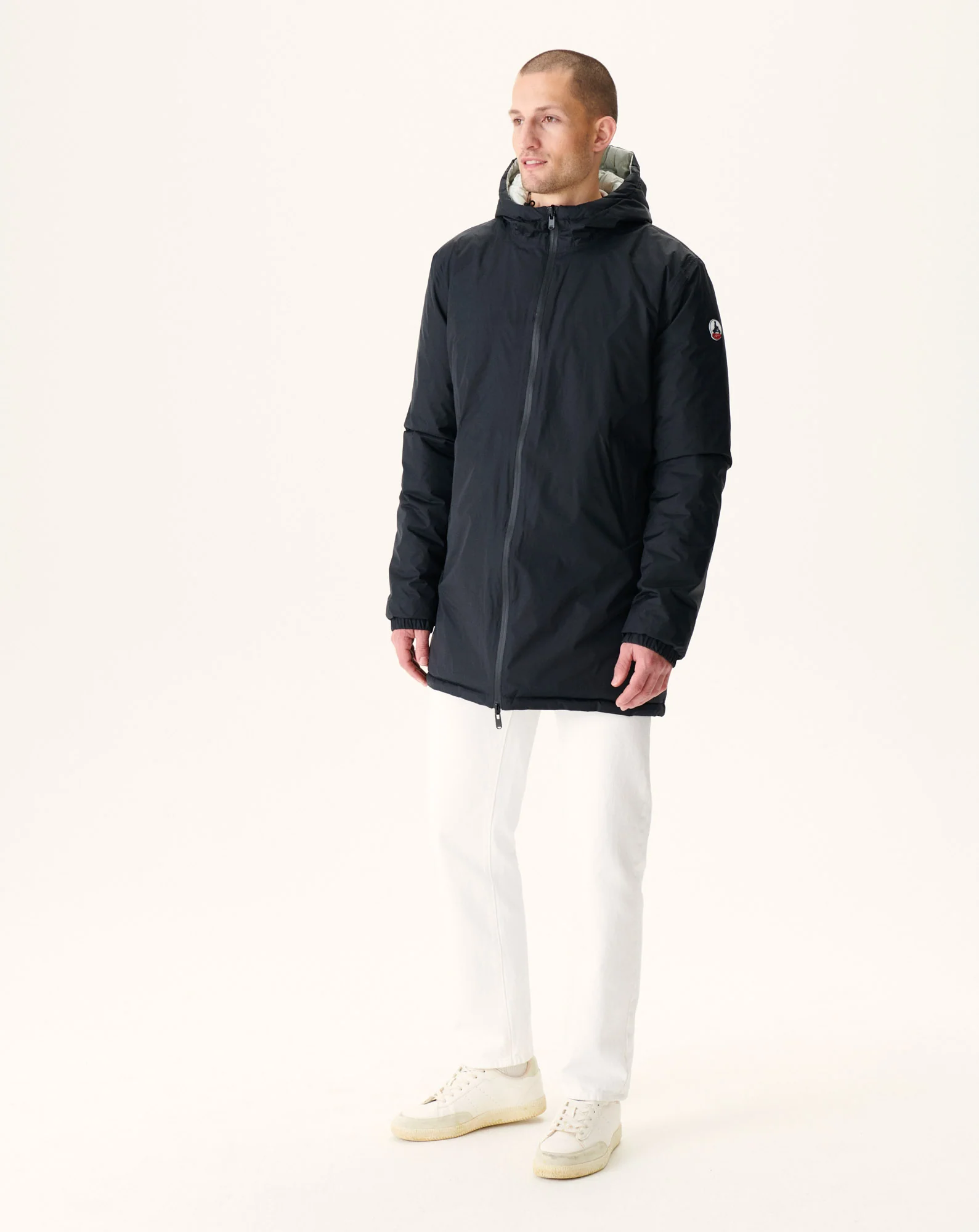 Long reversible hooded down jacket Black/Light gray Amsterdam