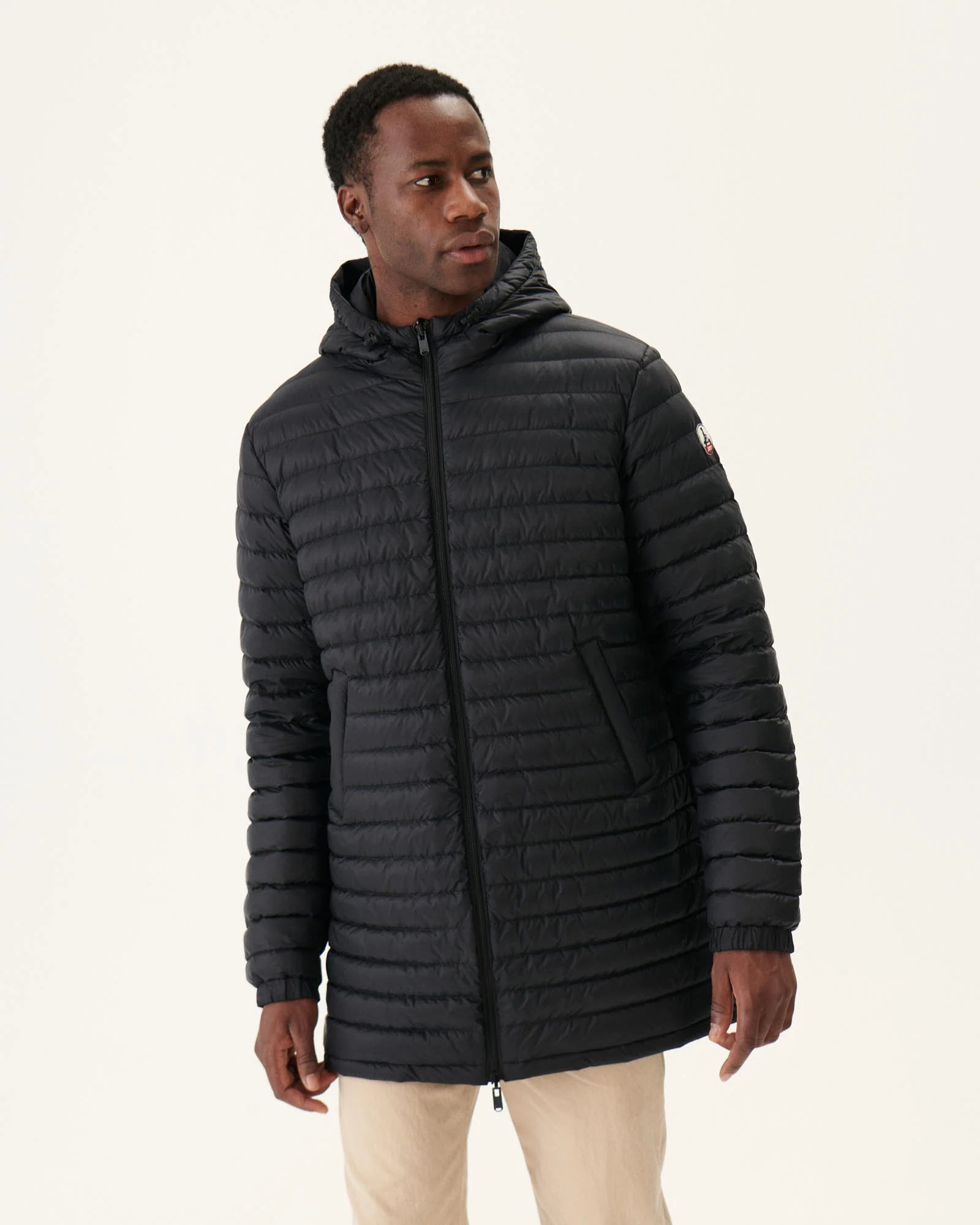 Long reversible hooded down jacket Black/Light gray Amsterdam
