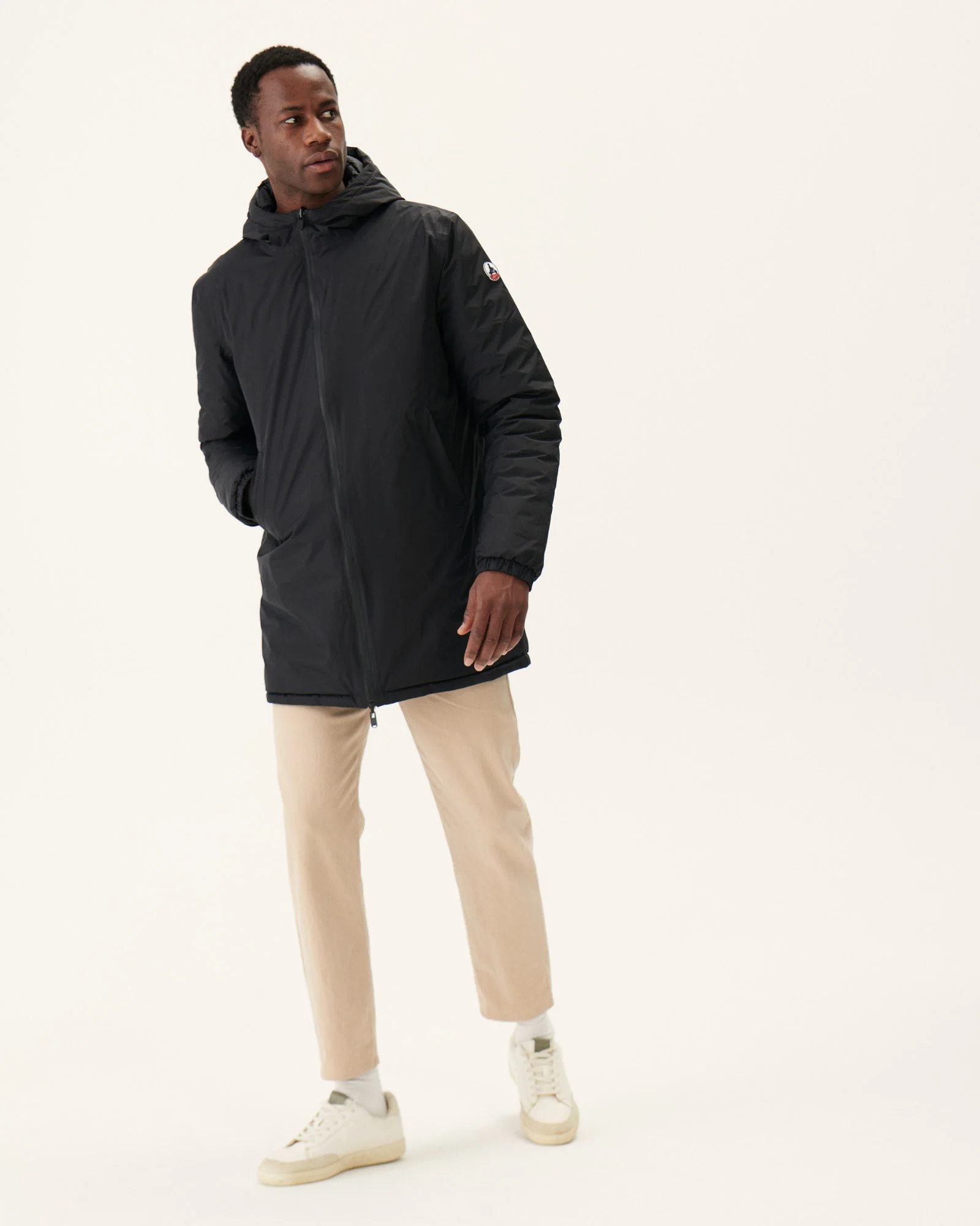 Long reversible hooded down jacket Black/Light gray Amsterdam