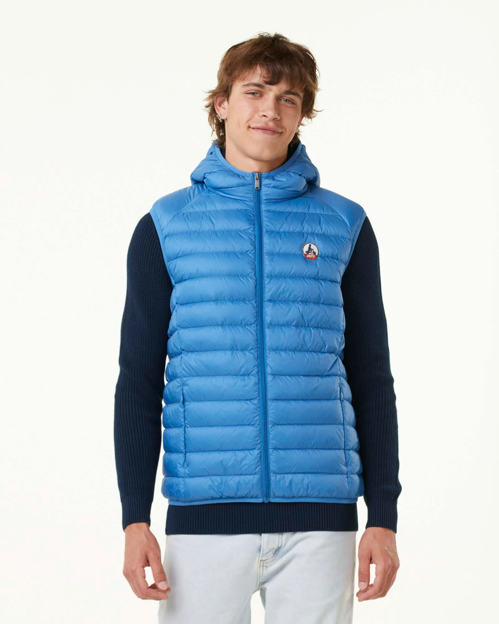 Down jacket sleeveless hooded blue denim Pat