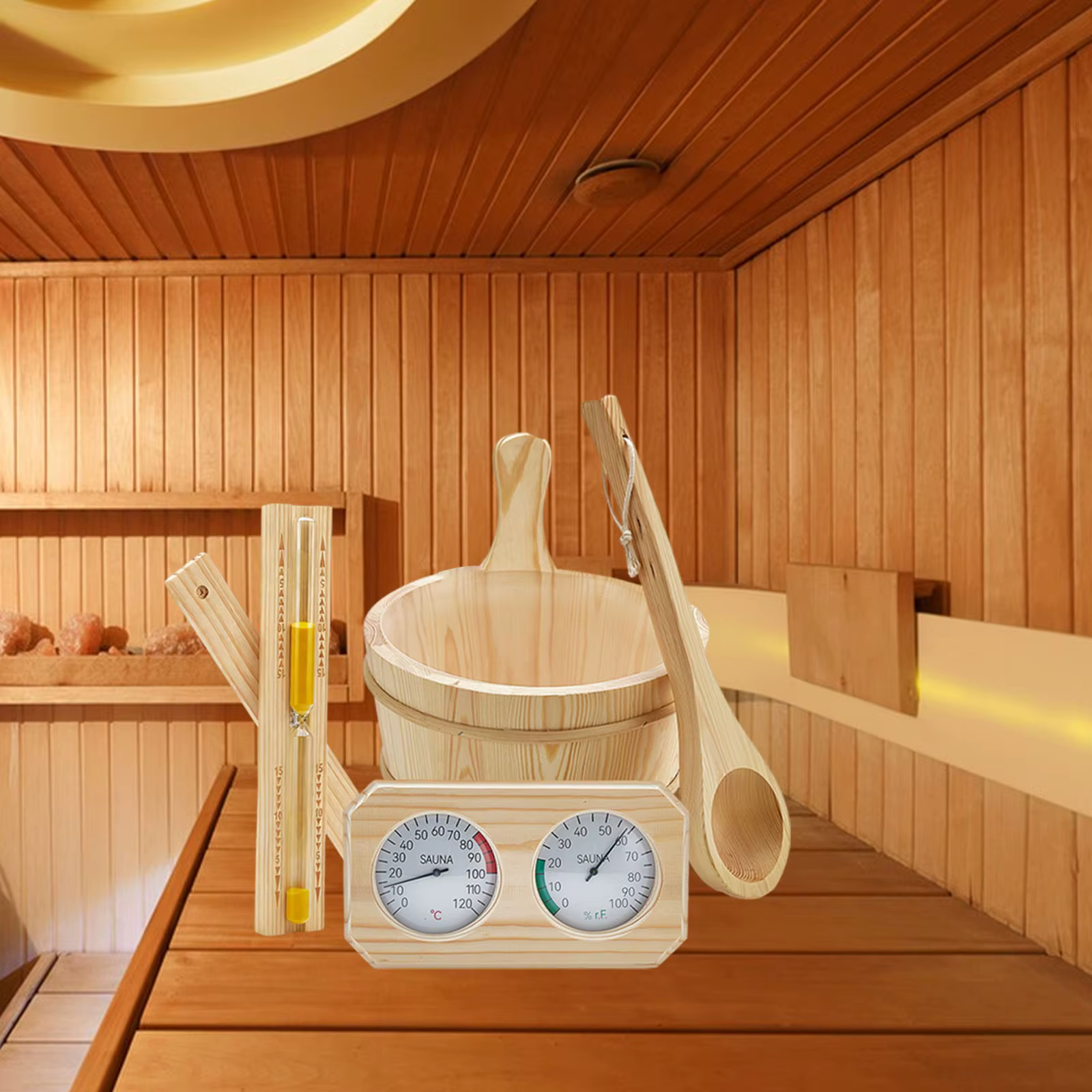 ชุดอุปกรณ์ซาวน่า ถังไม้ 4 ลิตร พร้อมทัพพี ที่ตวงน้ำ นาฬิกาทราย สำหรับห้องอบไอน้ำ