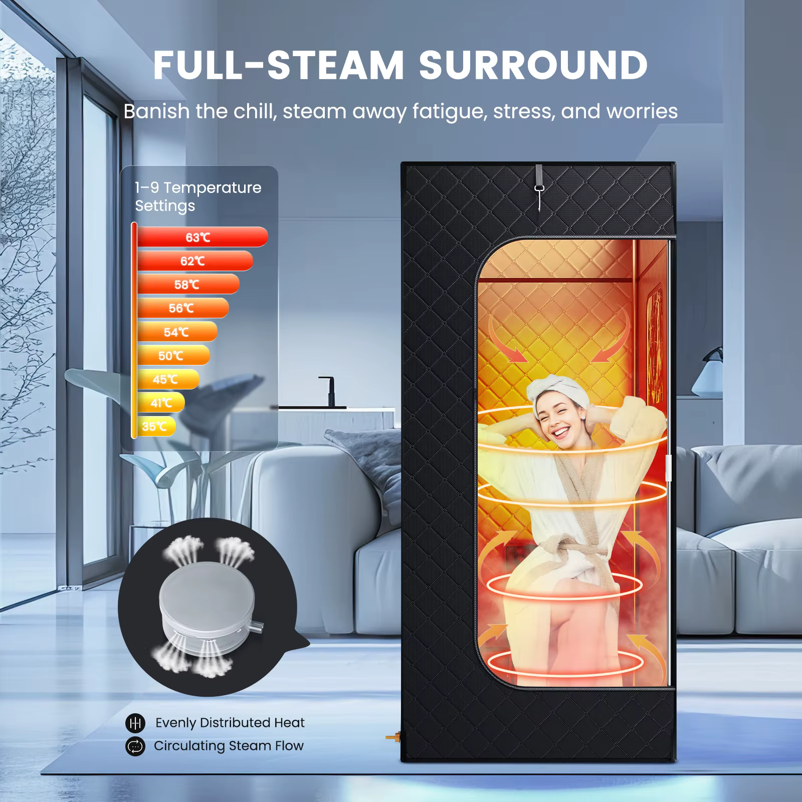ซาวน่าไอน้ําแบบพกพาเต็นท์ห้อง Steamer 1000W 2.6L Steam Generator คนเดียวซาวน่าสําหรับผ่อนคลาย Detox Home Spa