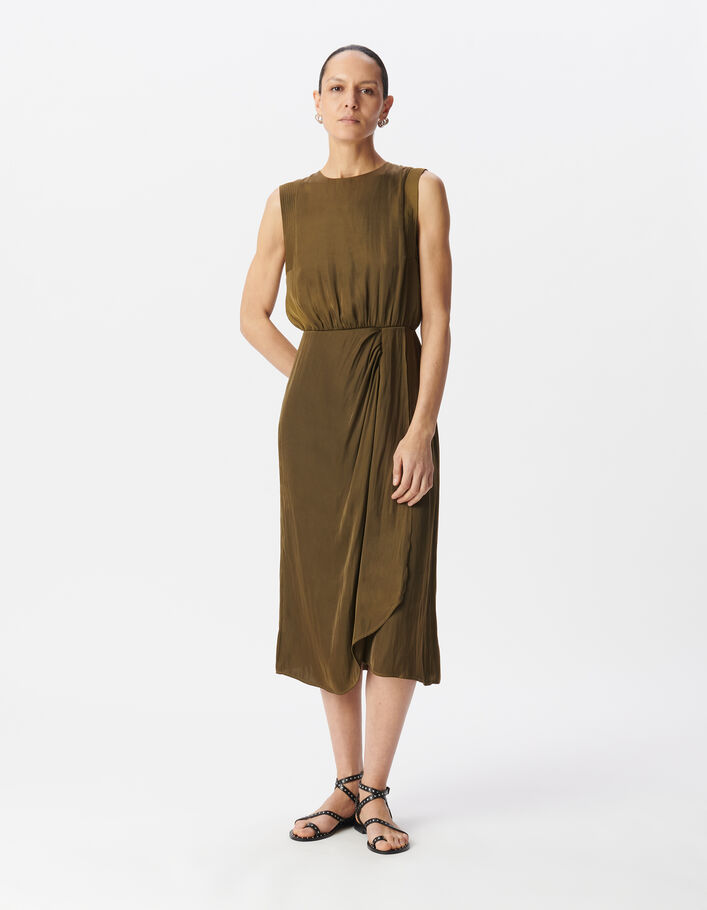 Robe midi fluide kaki polyester recycl&eacute; Femme