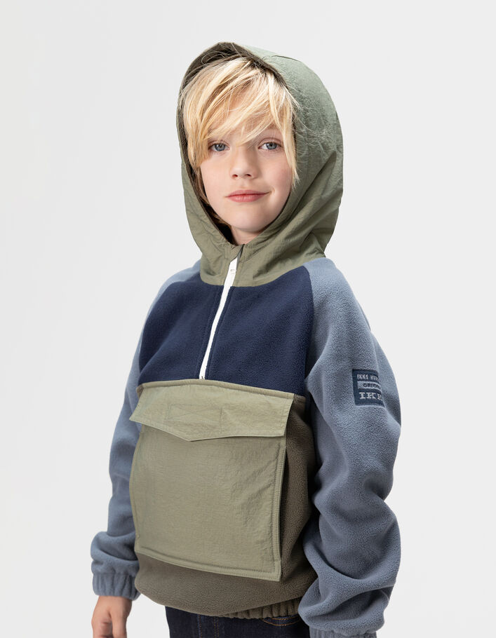 Sweat &agrave; capuche kaki et bleu en polaire gar&ccedil;on