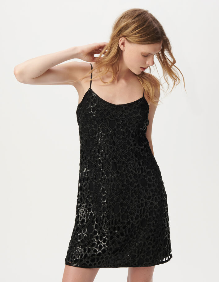 Robe courte noire dentelle brod&eacute;e sequins Femme