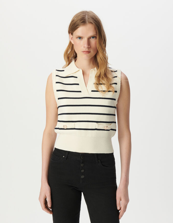 Pull polo blanc tricot rayures marine Femme