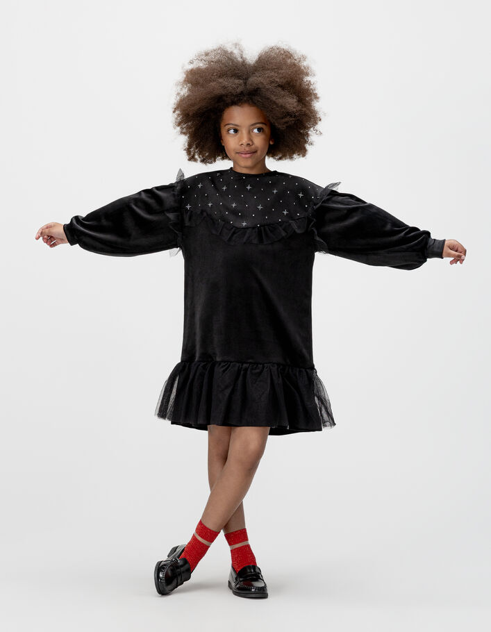 Robe noire velours brod&eacute; volants tulle fille