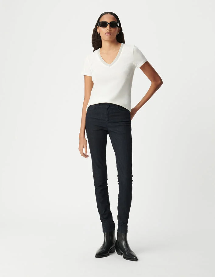 Tee-shirt manches courtes blanc encolure V-bijou Femme