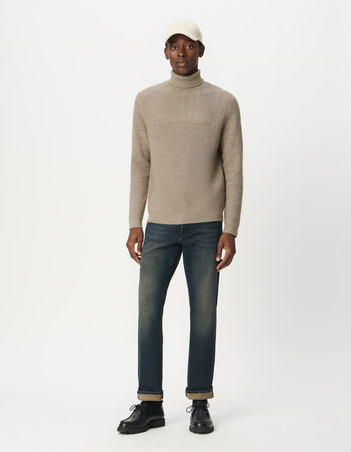 Pull col roul&eacute; beige tricot c&ocirc;tel&eacute; Homme