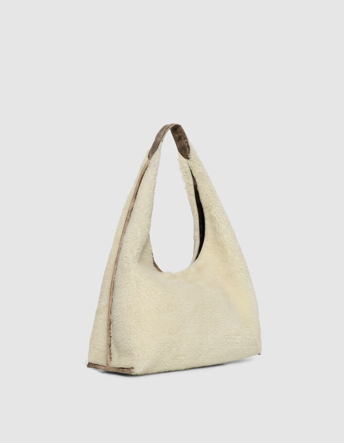 Sac Hobo blanc cass&eacute; mix peau lain&eacute;e et cuir Femme
