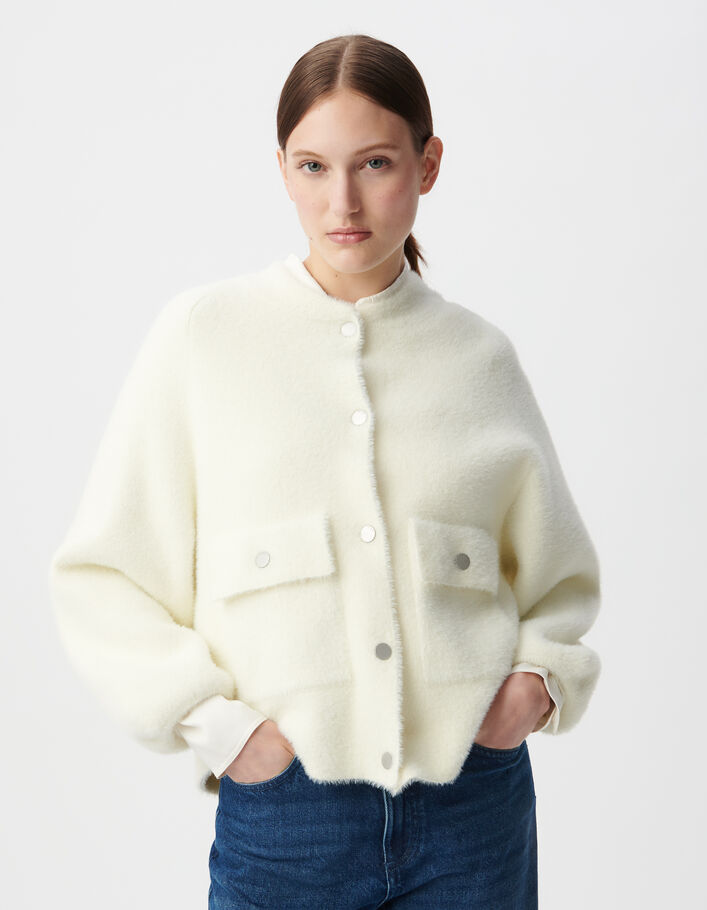 Cardigan blanc tricot duveteux poches &agrave; rabat pressionn&eacute; Femme