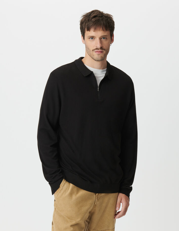 Polo manches longues noir maille piqu&eacute;e Homme
