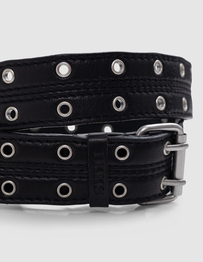 Ceinture noire cuir d&eacute;cor double &oelig;illets Femme