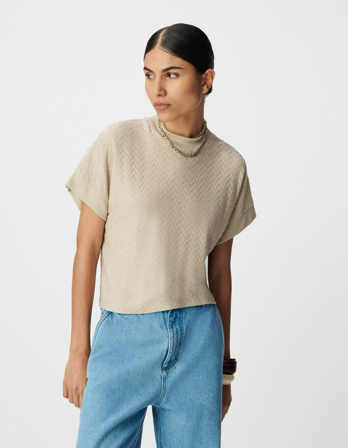 Tee-shirt manches courtes beigelurex maille ajour&eacute;e Femme