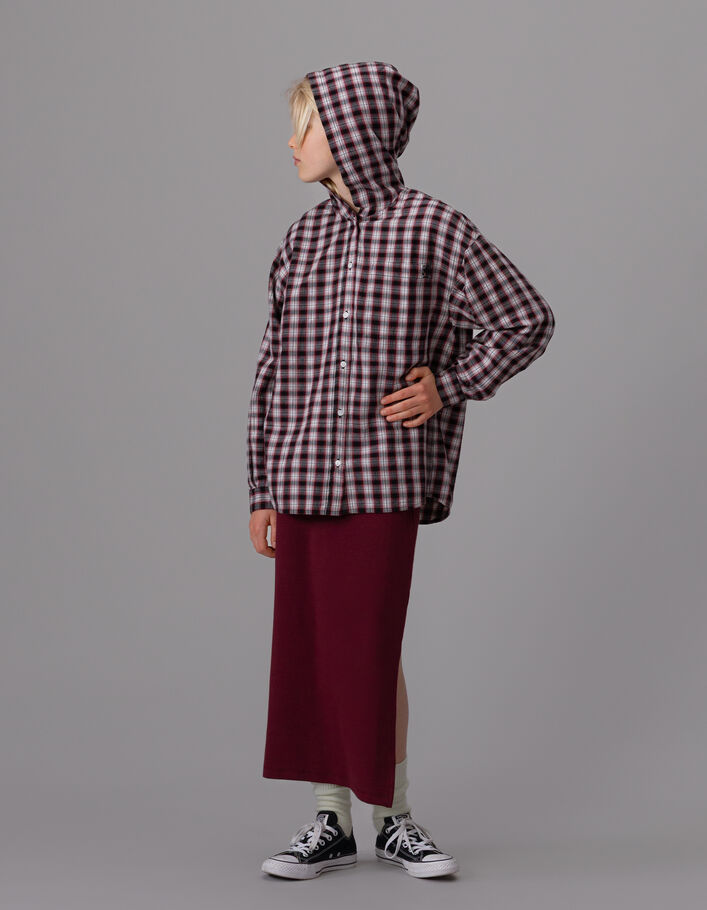 Chemise carreaux bordeaux &agrave; capuche fille