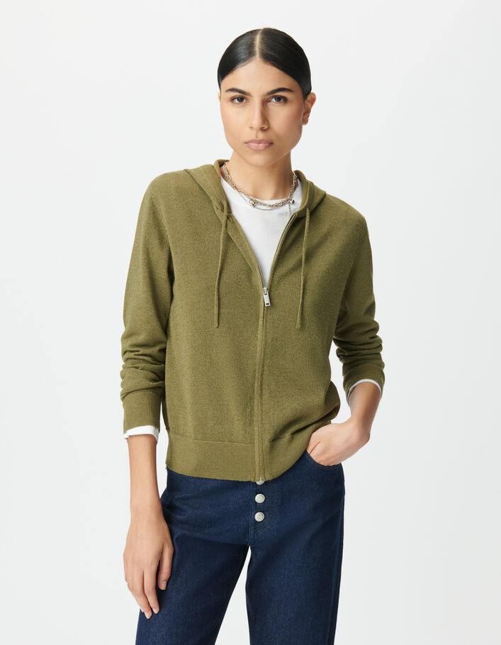 Cardigan &agrave; capuche kaki tricot lurex chevron dos Femme