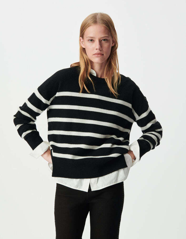 Pull marini&egrave;re noir &eacute;cru 100% laine boutons &eacute;paule Femme