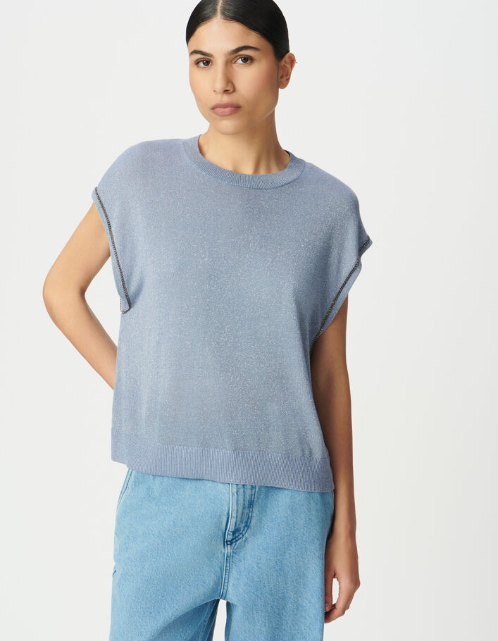 Pull bleu tricot fin lurex d&eacute;cor cha&icirc;nettes Femme