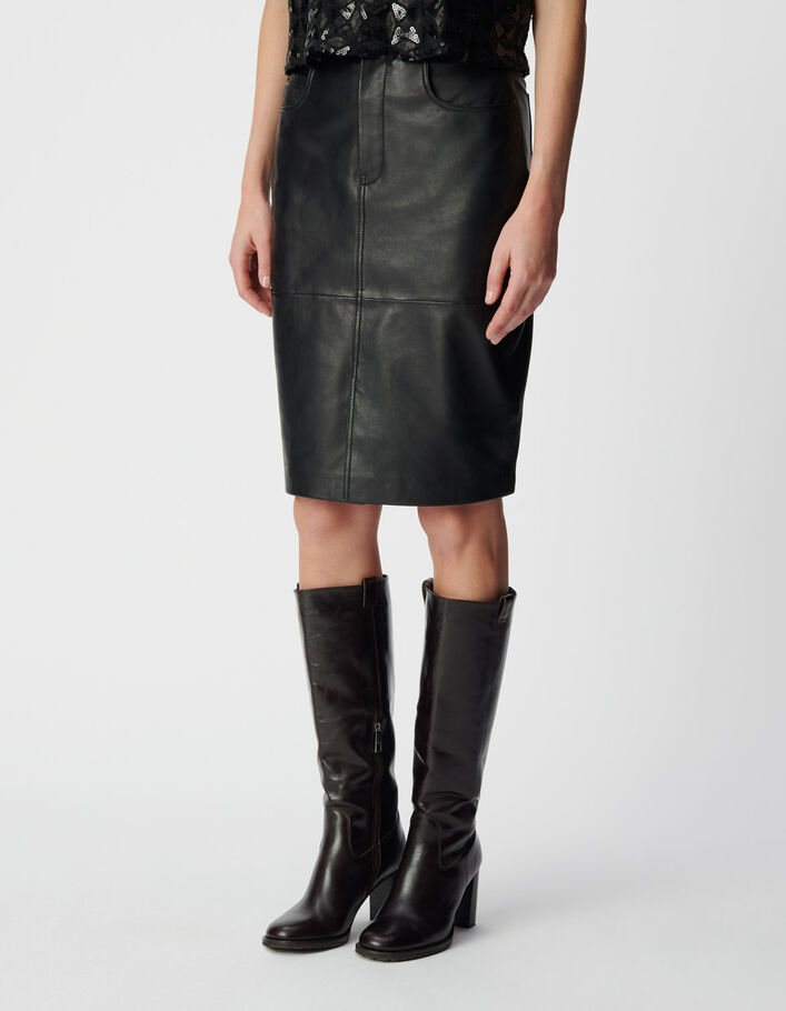 Jupe droite noire cuir longueur genoux Femme
