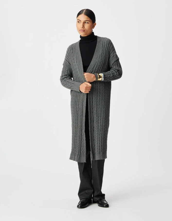 Cardigan long gris tricot d&eacute;tails torsades Femme