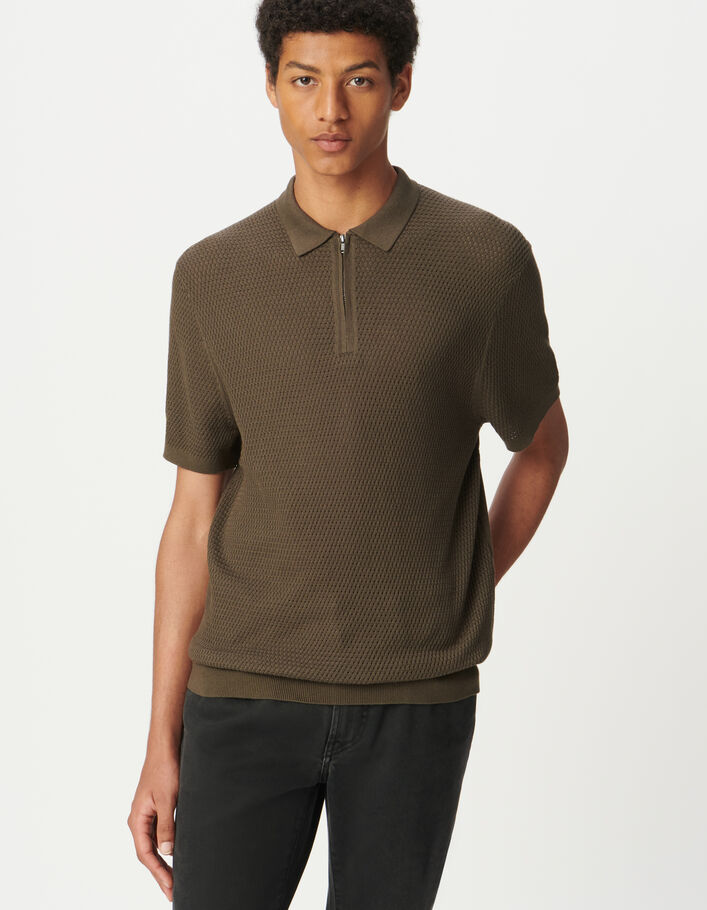Polo manches courtes kaki tricot ajour&eacute; Homme