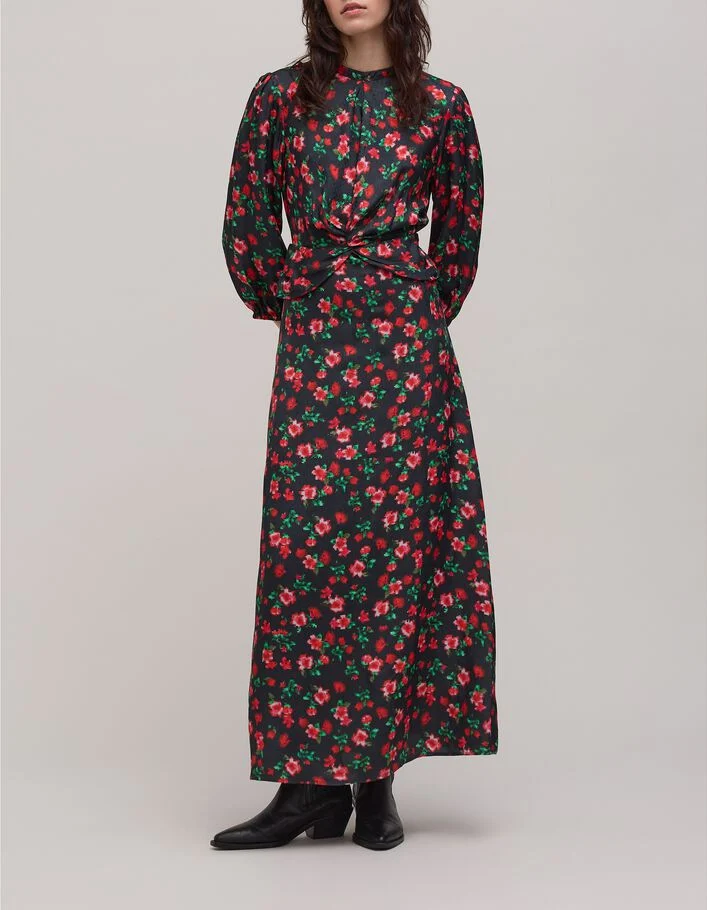 Robe longue noire imprim&eacute; flower pixel Femme