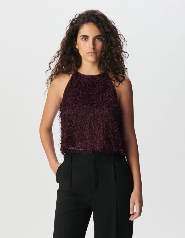 Top cropped sans manches bordeaux effet plume Femme