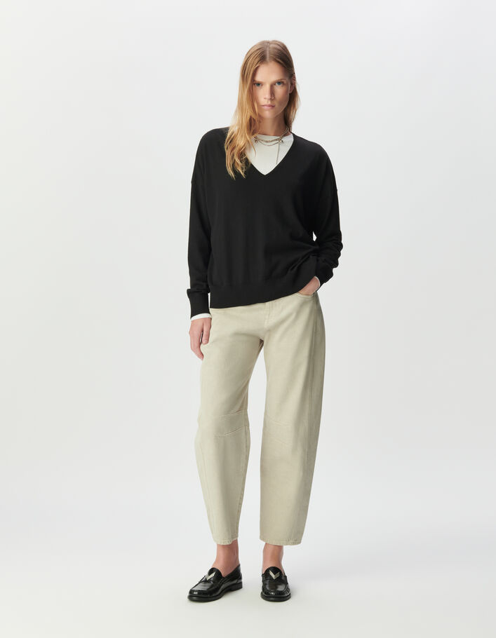 Pull encolure V noir tricot fin oversize Femme
