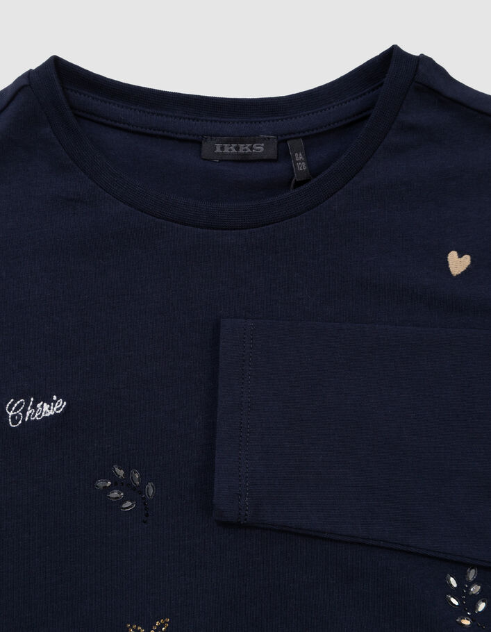 T-shirt marine mix broderies et strass fille