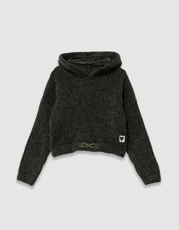 Pull &agrave; capuche kaki tricot chenille fille