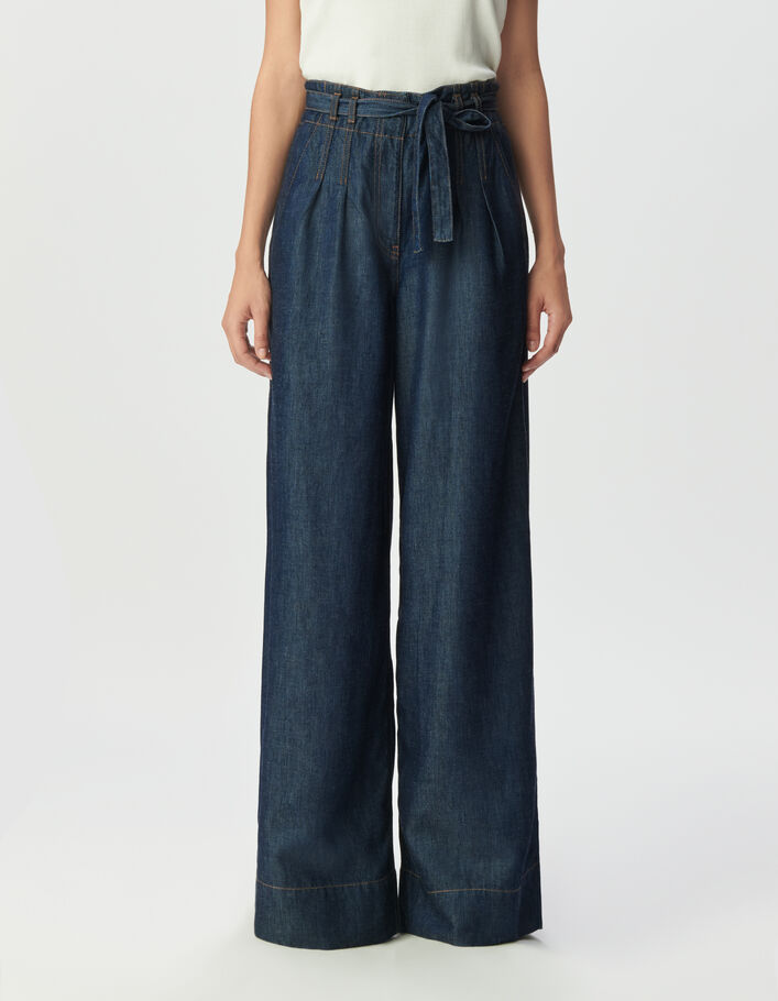 Jean large bleu taille haute ceintur&eacute; Femme