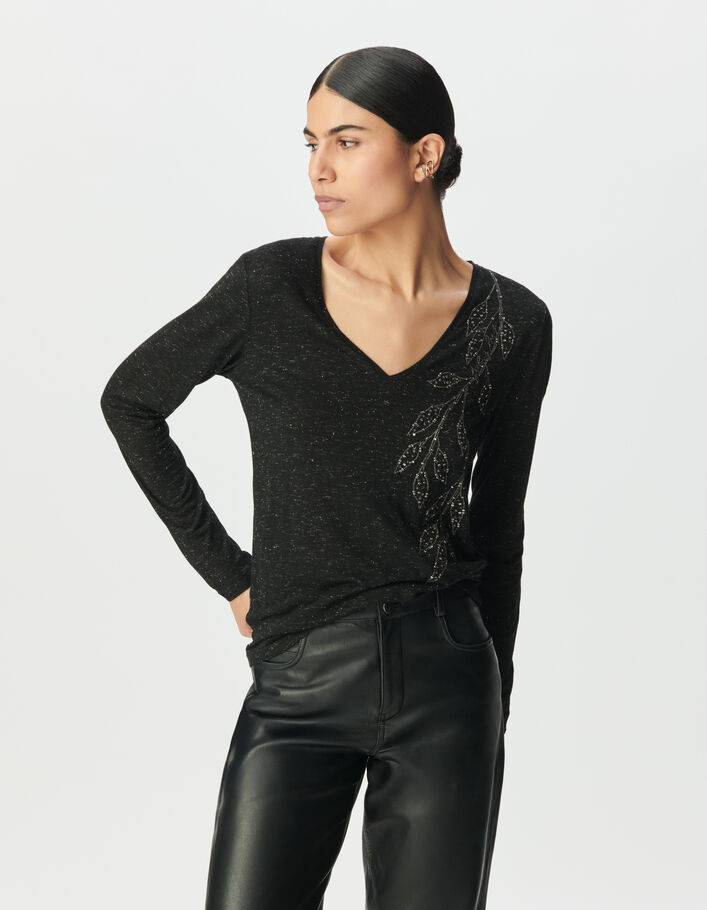 Tee-shirt noir paillet&eacute; broderie fleurs Femme
