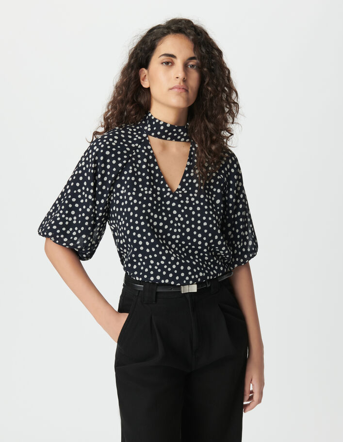 Blouse fluide marine motif pois manches ballon Femme