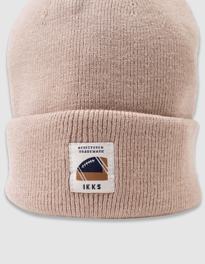 Bonnet beige tricot &agrave; revers gar&ccedil;on