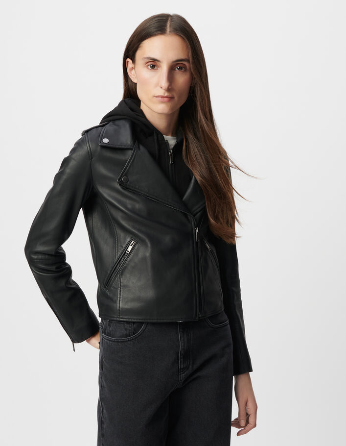 Blouson noir cuir esprit motard capuche amovible Femme