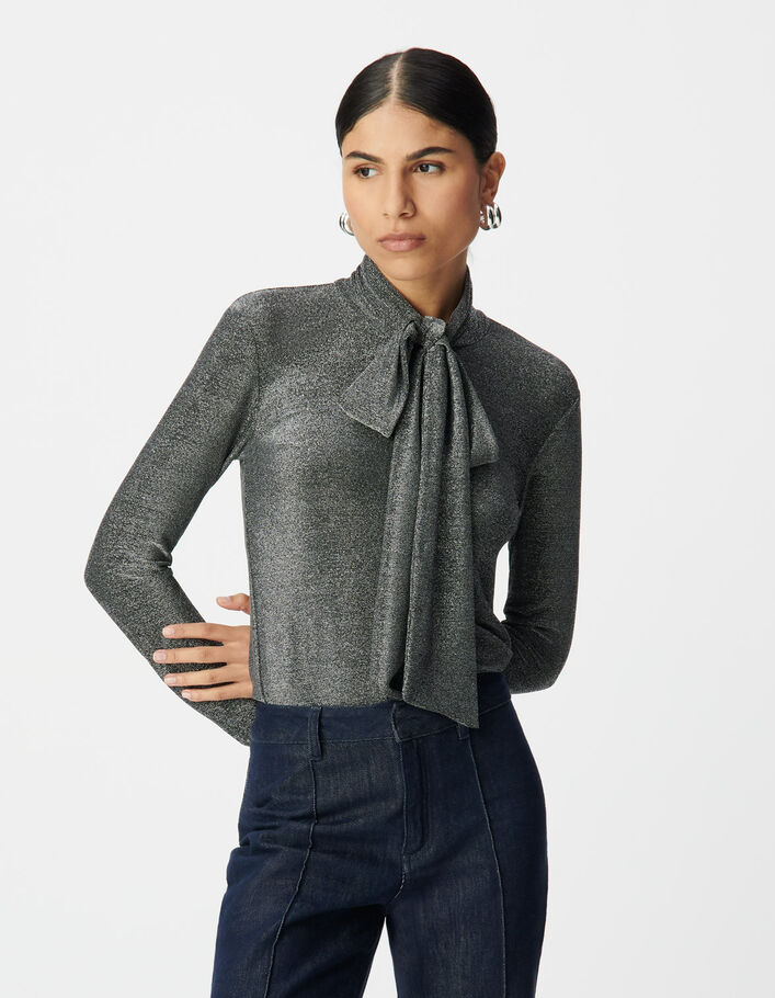 Tee-shirt silver maille lurex col lavalli&egrave;re Femme