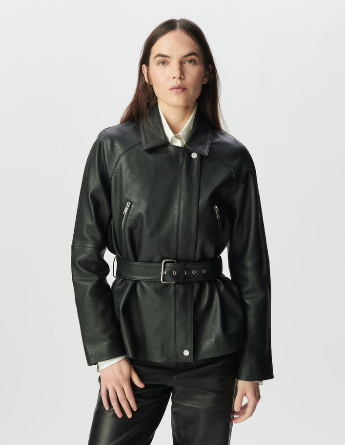 Blouson noir oversize cuir grain&eacute; esprit motard Femme